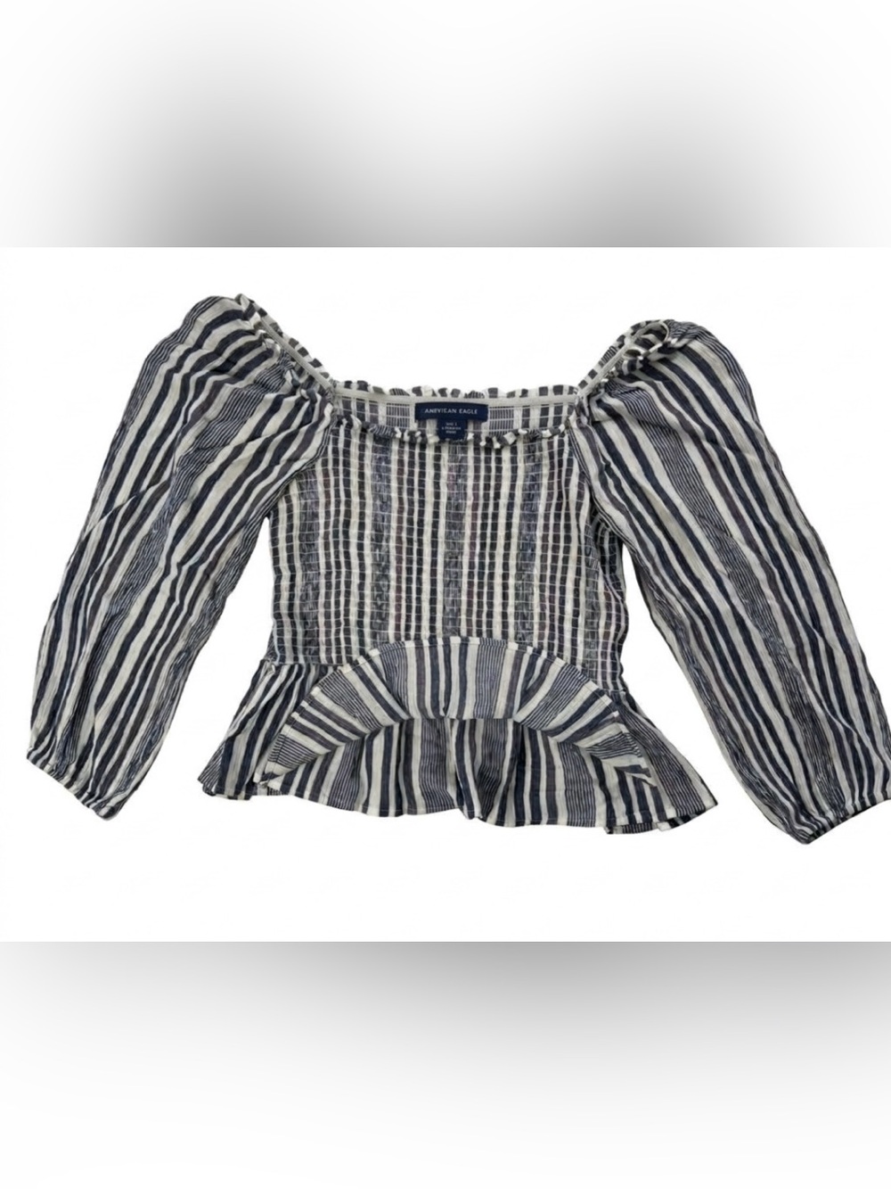 American Eagle Striped Smocked Peplum Top Blouse Blue White Puff Long Sleeve S
